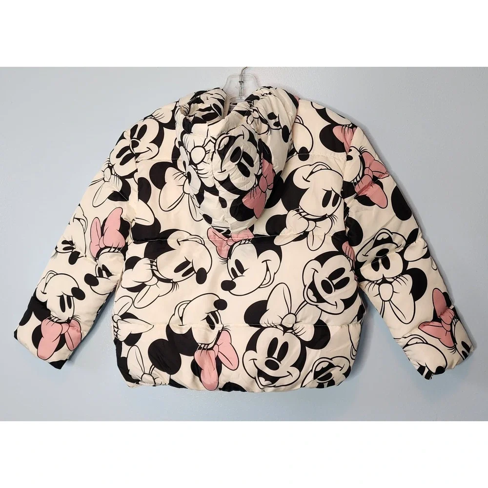 Disney Minnie Mouse Puffer Jacket Girls Size M 7/8 White Pink NWT Zip Up EXC